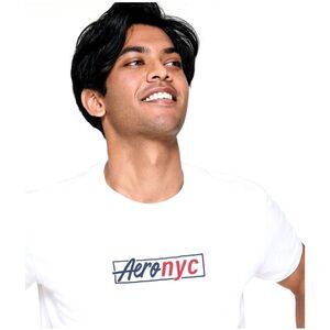 Aeropostale Spell Out Graphic Tee Script Box Logo White Aero NYC Mens Size XS